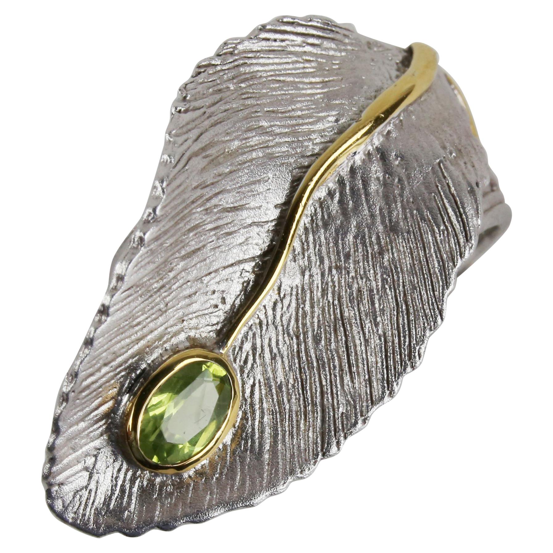 Vintage Peridot Leaf Ring 14K Gold Accents Sterling Silver Estate Fine Jewelry