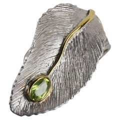 Retro Peridot Leaf Ring 14K Gold Accents Sterling Silver Estate Fine Jewelry