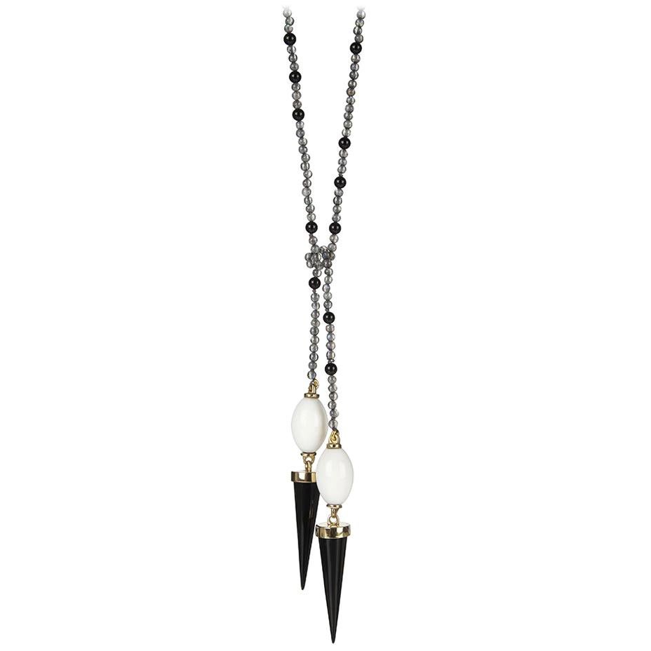 18ct Yellow Gold, Labradorite, Onyx and White Agate Beaded Lariat Necklace For Sale