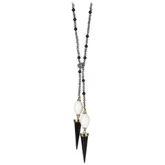 18ct Yellow Gold, Labradorite, Onyx and White Agate Beaded Lariat Necklace