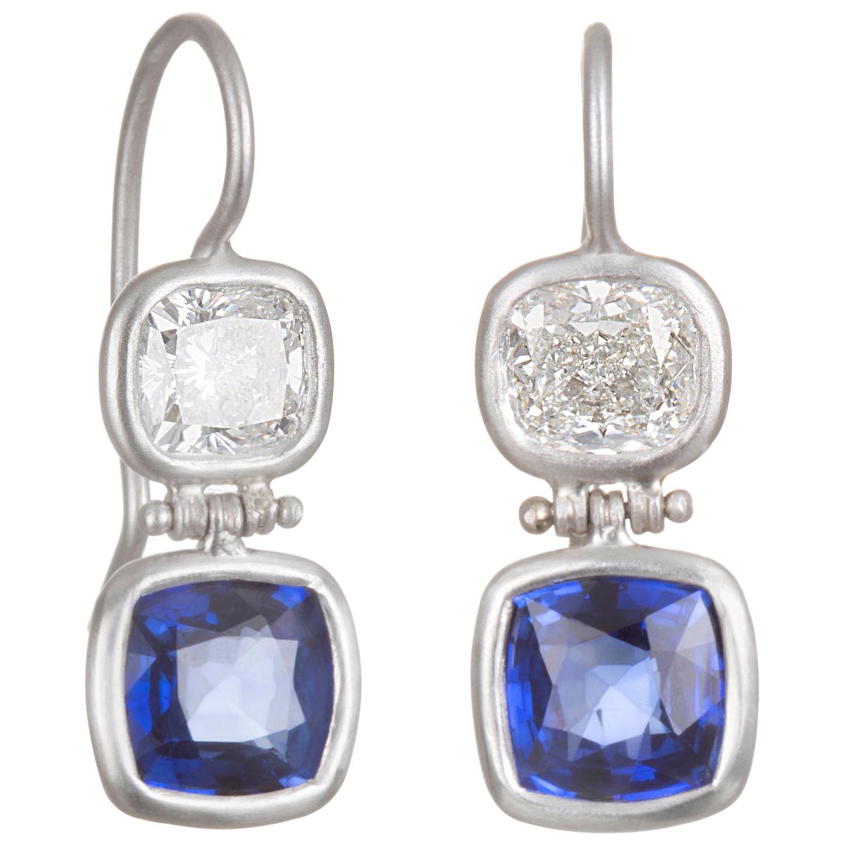 Faye Kim Matte Platinum Diamond and Sapphire Double Hinged Earrings