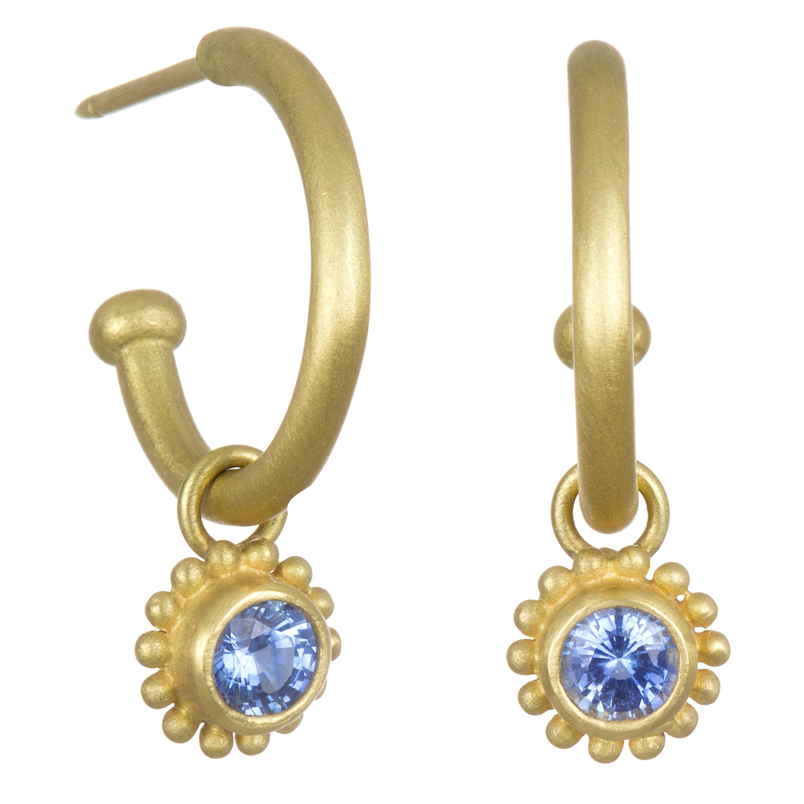 Faye Kim 18 Karat Gold Hoops with Ceylon Blue Sapphire Drops