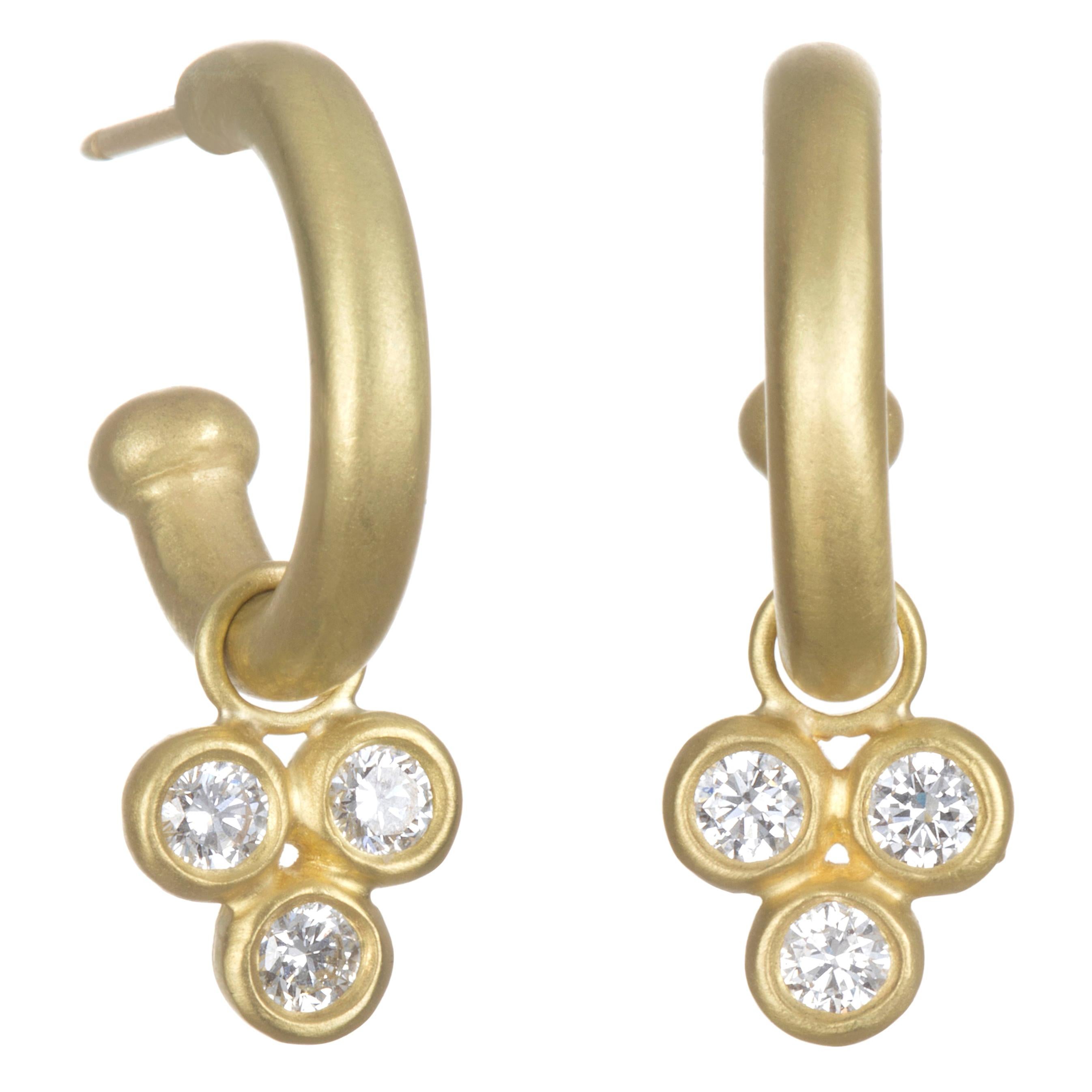 Faye Kim 18 Karat Gold Hoop Earrings with Triple Diamond Drops For Sale