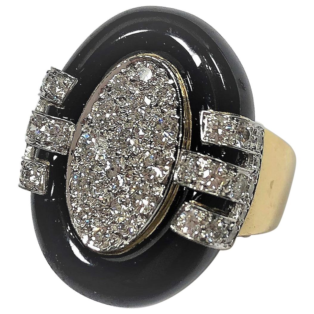 David Webb Oval Shaped, Gold, Diamond and Black Enamel Ring