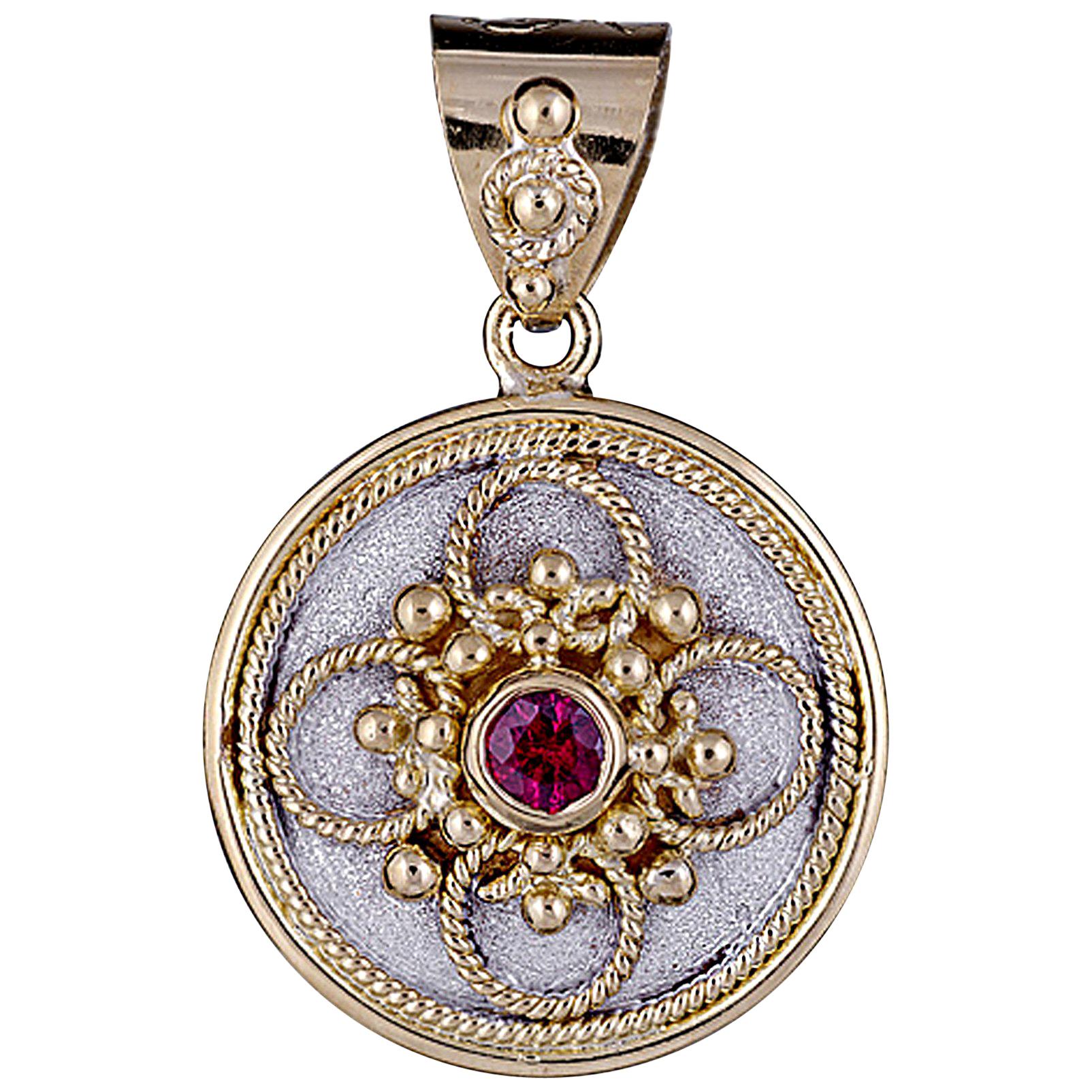 Pendentif byzantin en or 18 carats de la collection Georgios avec rubis et rhodium blanc 