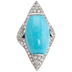 Estate Turquoise Diamond Cocktail Ring 18 Karat White Gold Pointed Large Jewelry