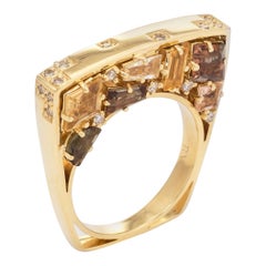 Vintage Estate Bridge Ring Diamond Citrine Quartz 18 Karat Yellow Gold Jewelry Square