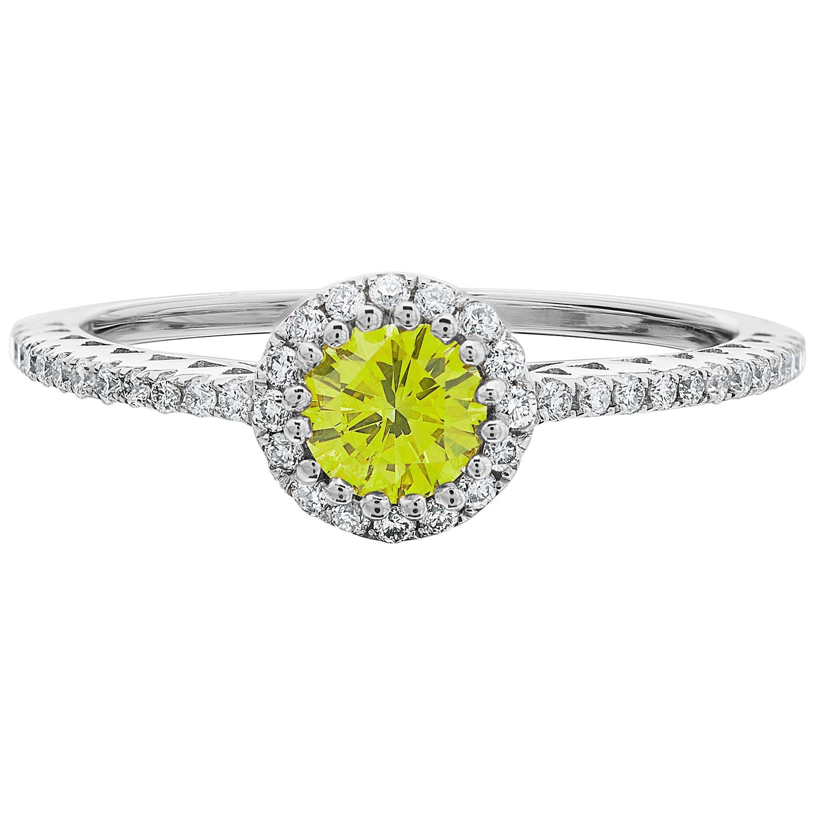 Fancy Vivid Yellow 0.36ct & White Round Brilliant Cut Diamond Cluster Ring For Sale