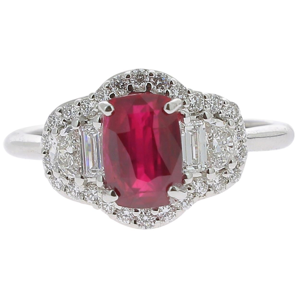 1.72 Carat Ruby Cocktail Ring Set with Baguette/Halfmoon/Round Diamond No Heated For Sale