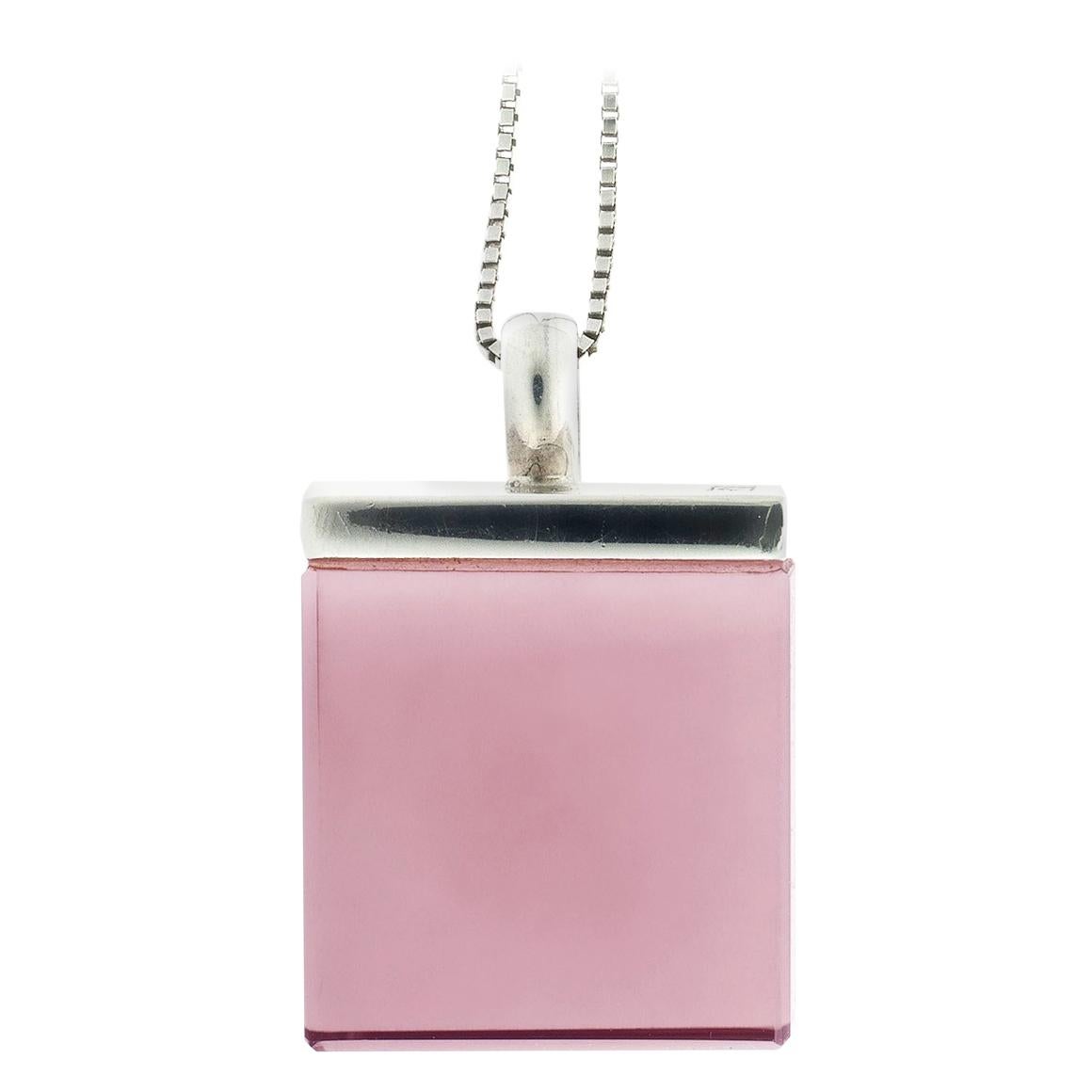White Gold Art Deco Style Pendant Necklace with Rose Onyx by Artist For Sale