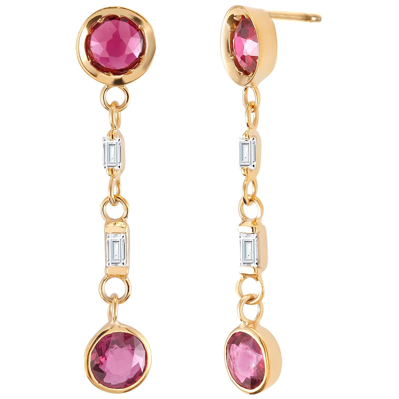 Ruby and Baguette Diamond Drop Gold Earrings Weighing 2.30 Carat 