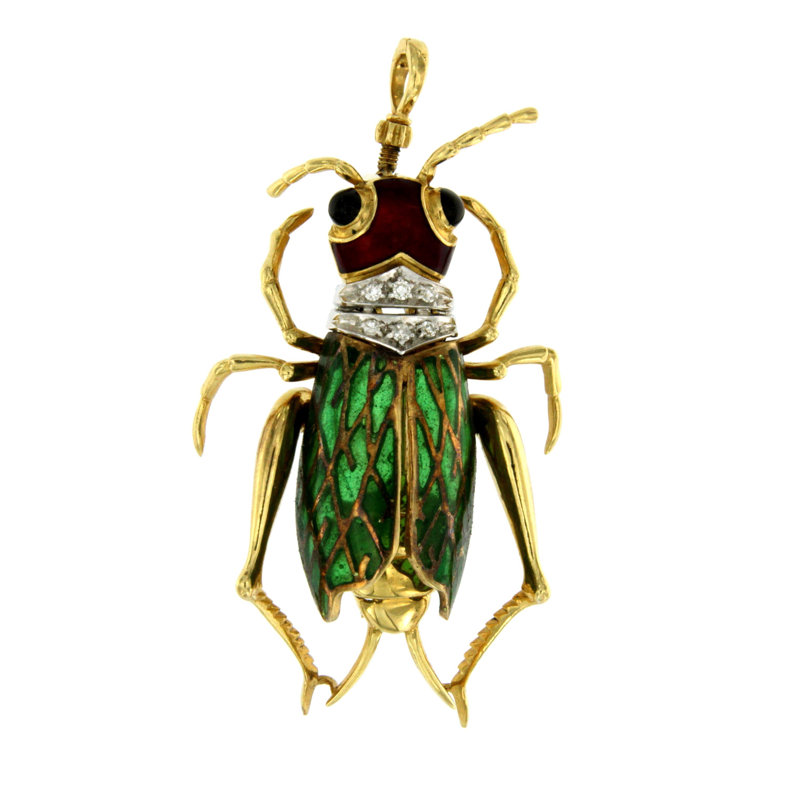 Antique Enamel Diamond Gold Cicada Brooch or Pendant