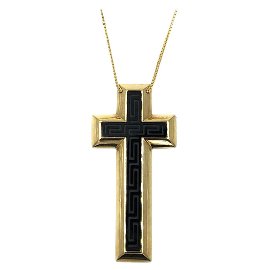 Vintage Versace Fine Jewelery Black Onyx Greek Key Cross 18 Karat For Sale