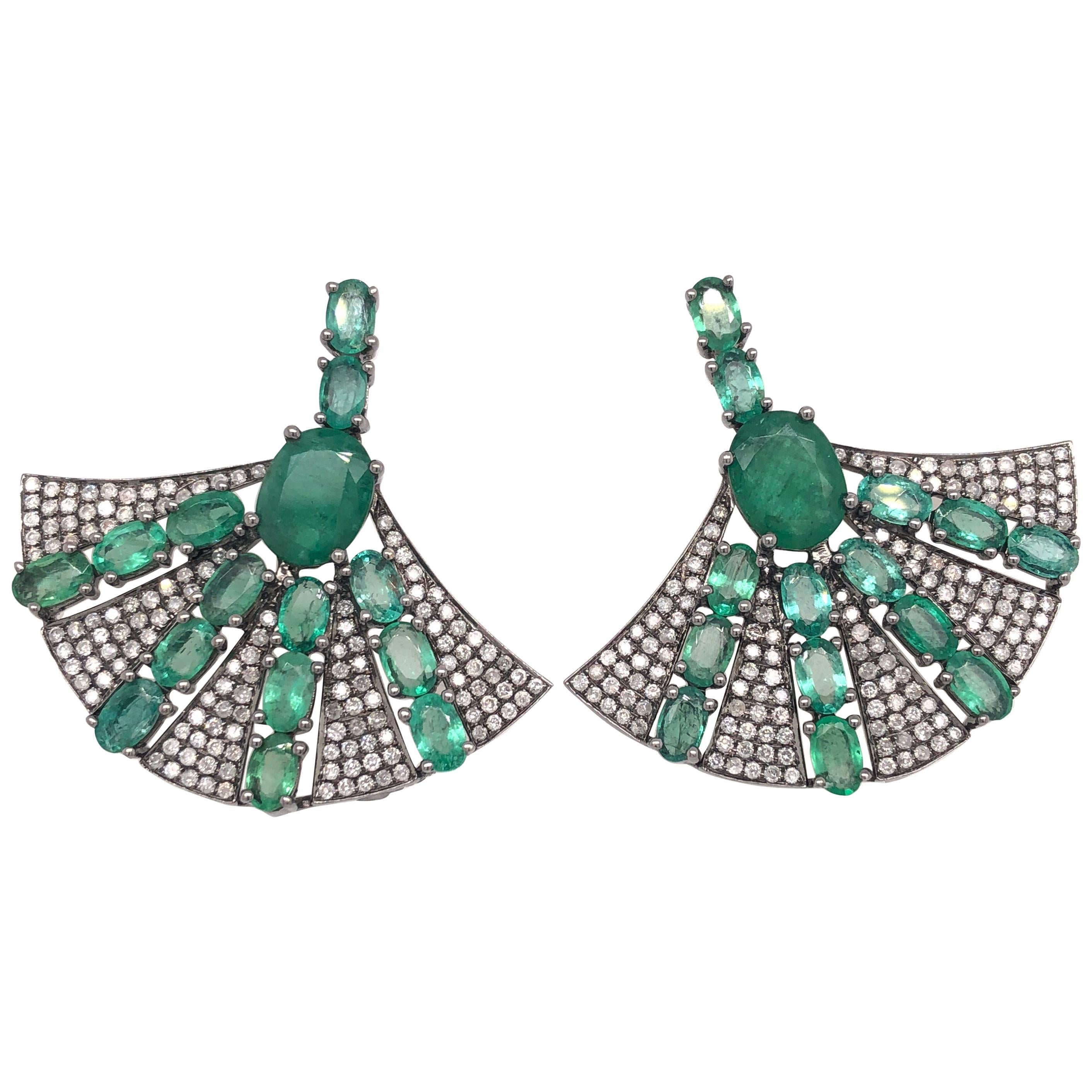 RUCHI Oval-Cut Emerald with Pavé Diamond Black Rhodium Fan Earrings For Sale