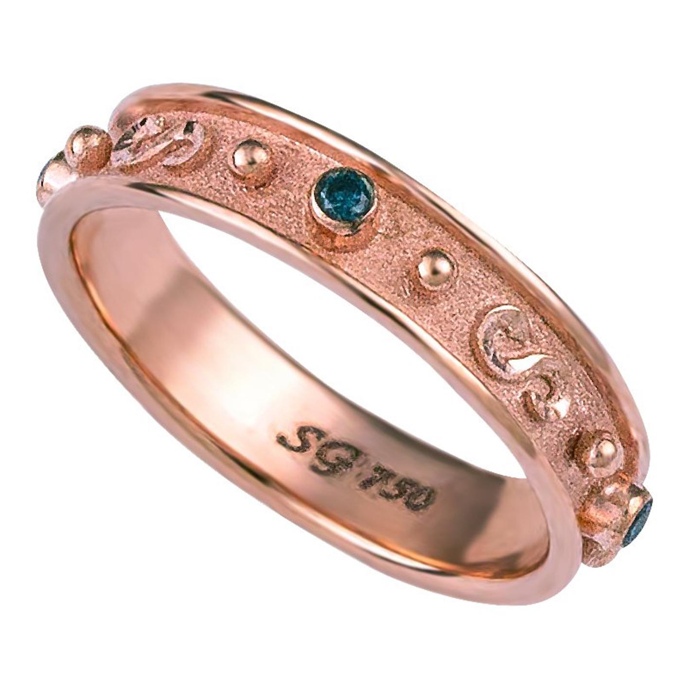 Georgios Collections 18 Karat Rose Gold Blue Diamond Thin Band Ring  For Sale