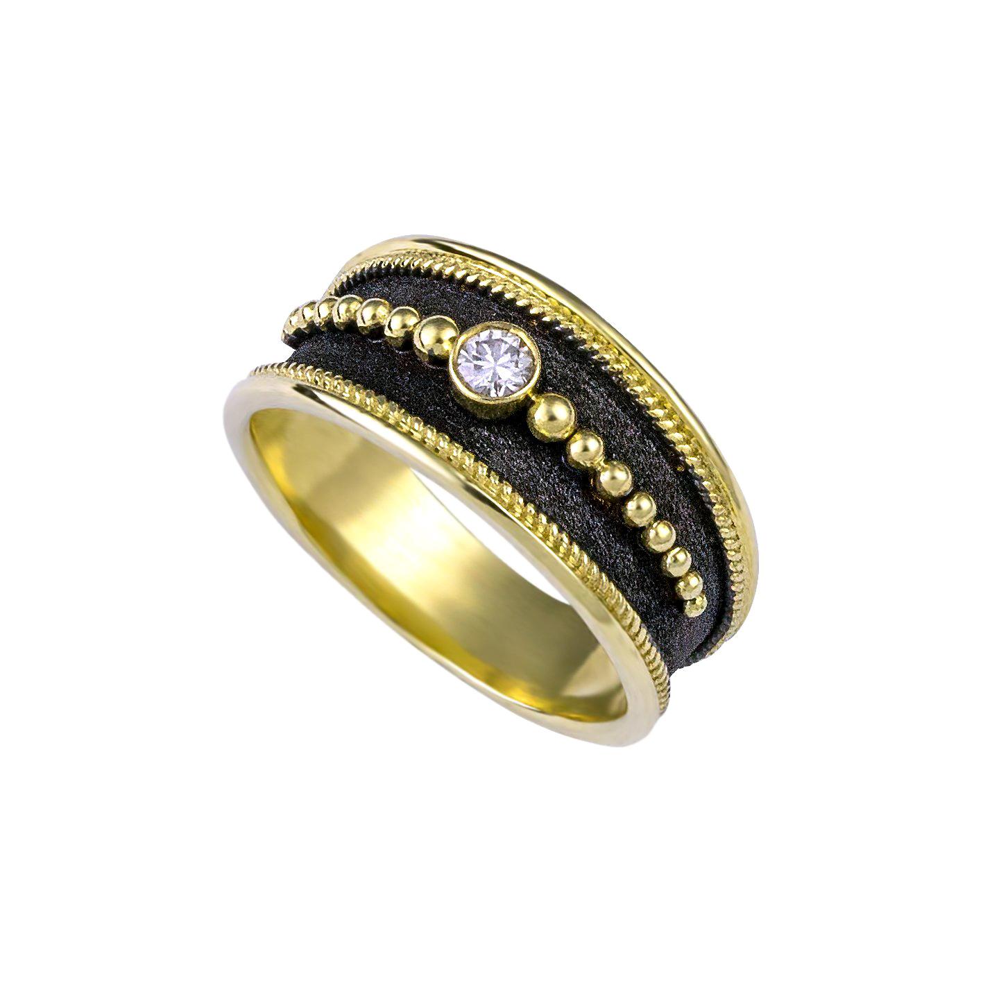 Georgios Collections 18 Karat Yellow Gold Diamond  Black Rhodium Wide Band Ring 