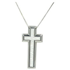 Used Versace Fine Jewelry White Agate Greek Key Cross 18 Karat White Gold