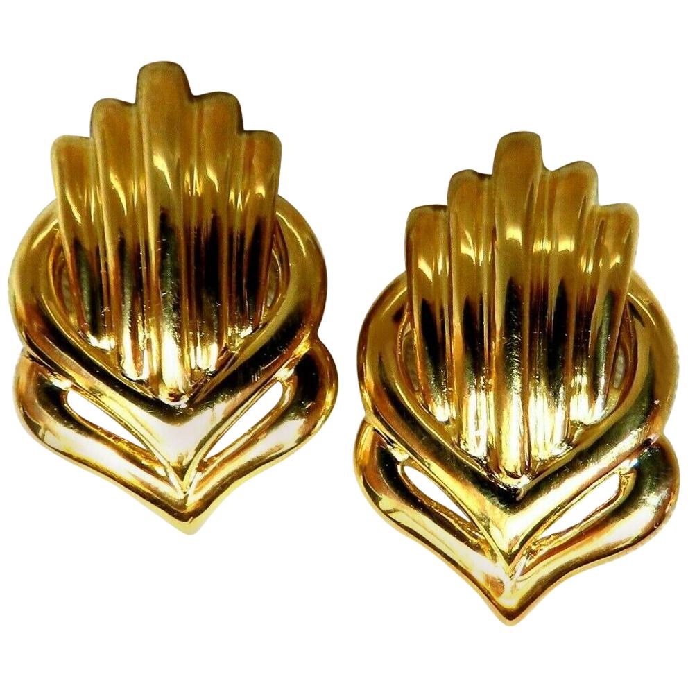 Retro Emblem Shell Statement Clip Gold Earrings 18 Karat Omega For Sale