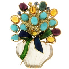 Vase Rock Crystal 18 Karat Yellow Gold Sapphires Turquoise and Citrine Brooch