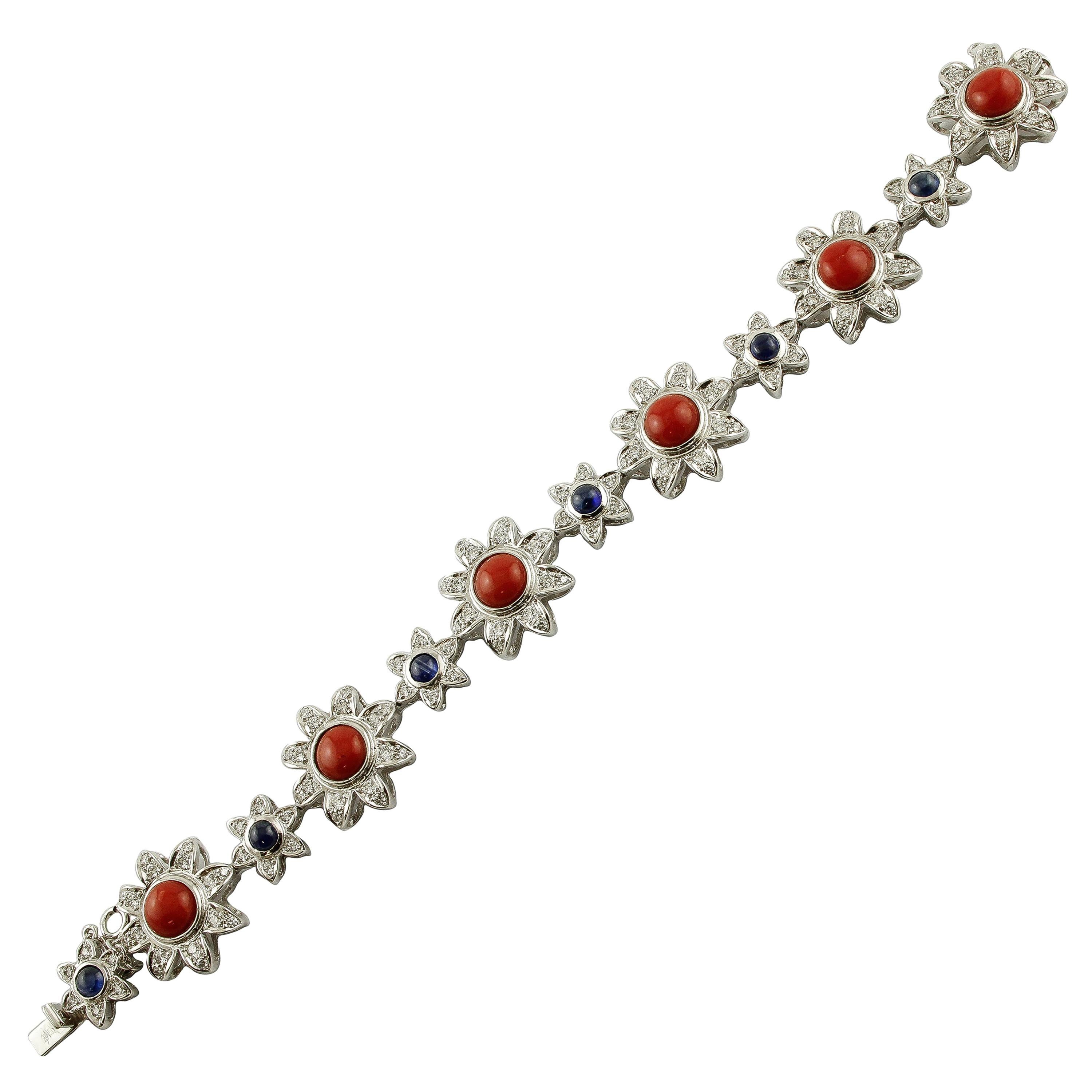 Red Corals, Diamonds, Blue Sapphires, 14 Karat White Gold Link Bracelet