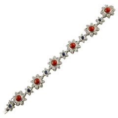 Vintage Red Corals, Diamonds, Blue Sapphires, 14 Karat White Gold Link Bracelet