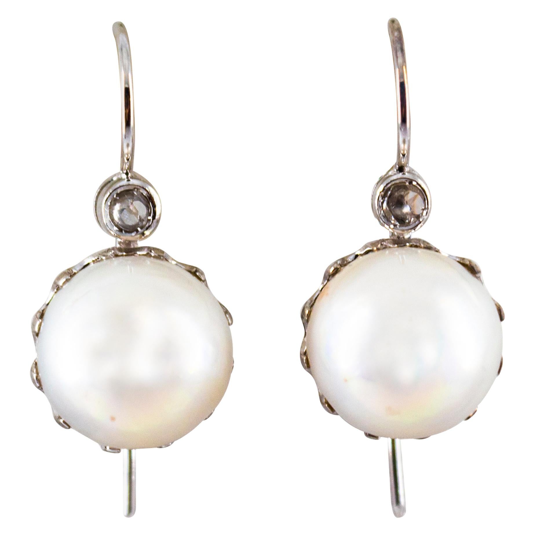0.10 Carat White Rose Cut Diamond Mabe Pearl White Gold Lever-Back Earrings