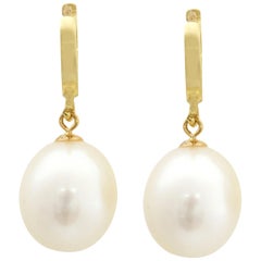 14 Karat Yellow Gold Huggy Style Teardrop Freshwater Pearl Hanging Earrings