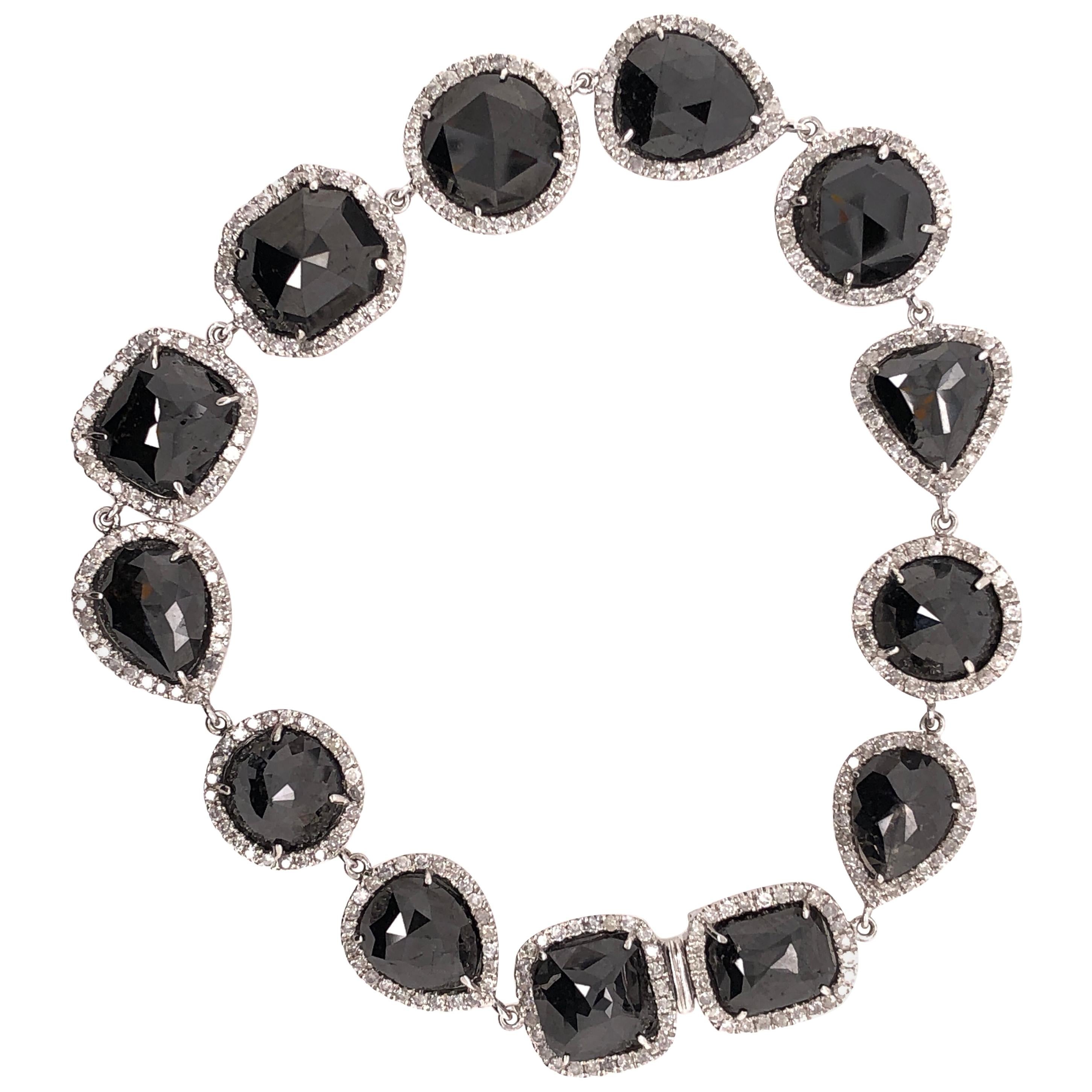 RUCHI Weißgoldarmband in Mischform mit schwarzen Diamanten im Rosenschliff im Angebot