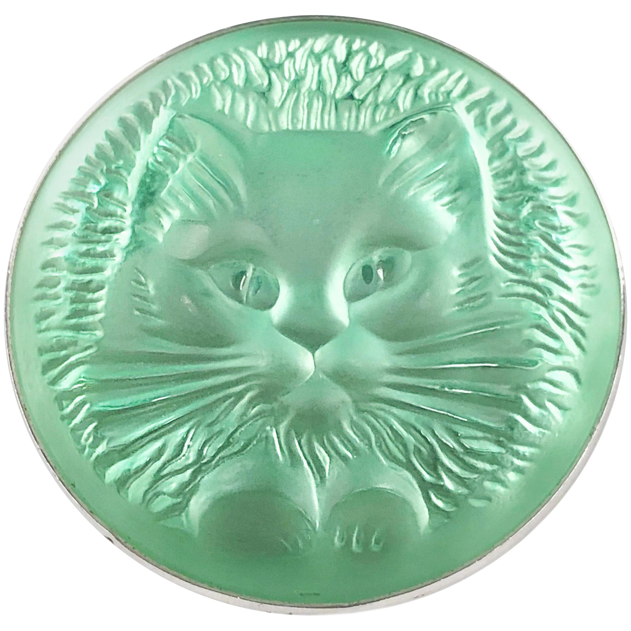 Lalique Green Frosted Glass Pussy Cat Brooch