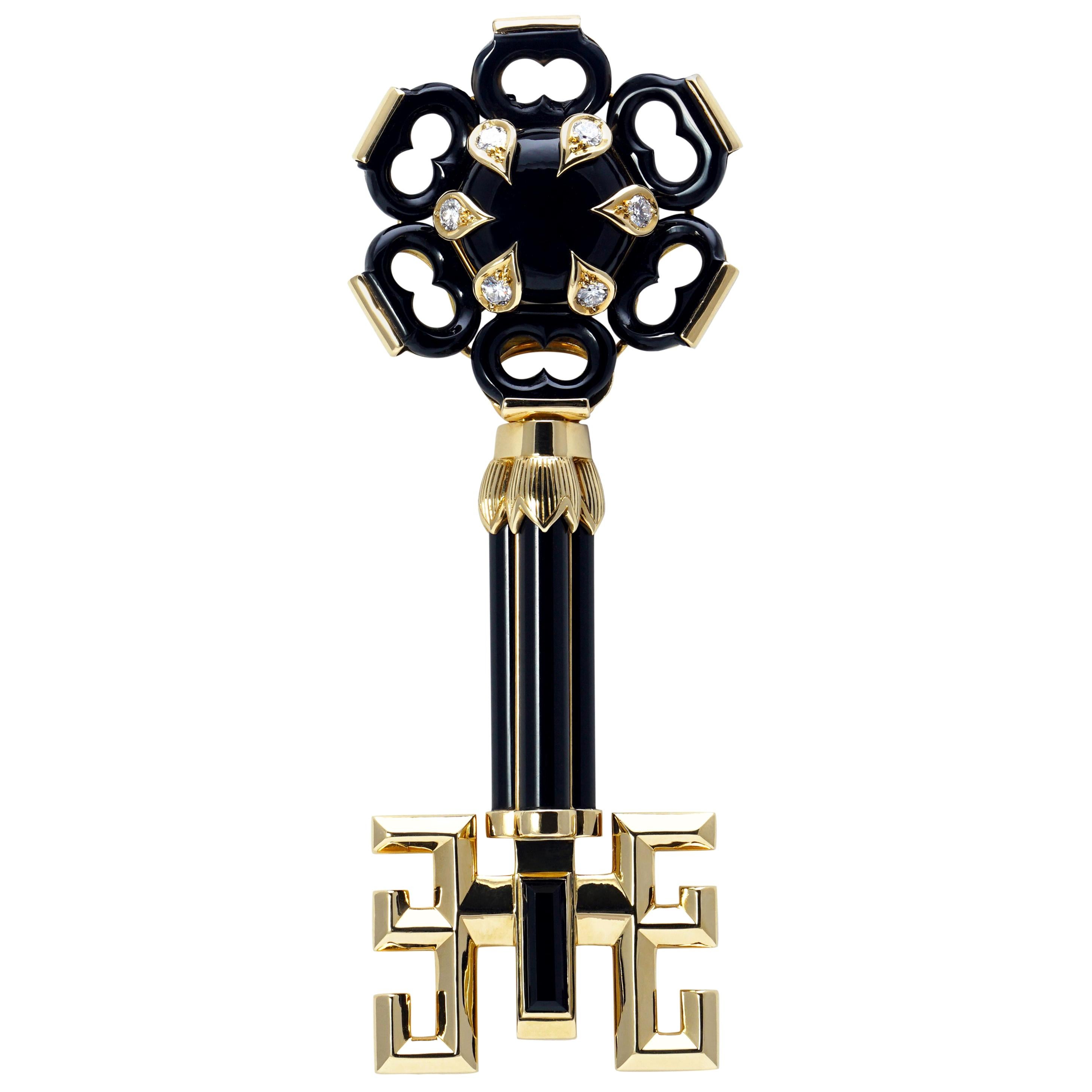 1970s Cartier Diamond Onyx Gold  Key Pendant