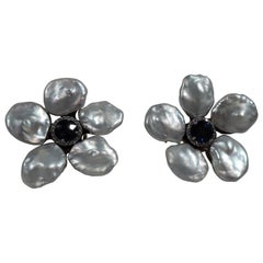 Pair of Seaman Schepps Pearl and Sapphire Biwa Flower Earrings