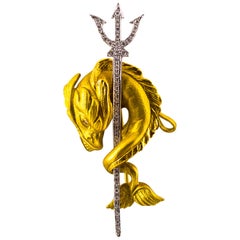 0.38 Carat White Round Cut Diamond Yellow Gold "Poseidon's Pistrice" Brooch