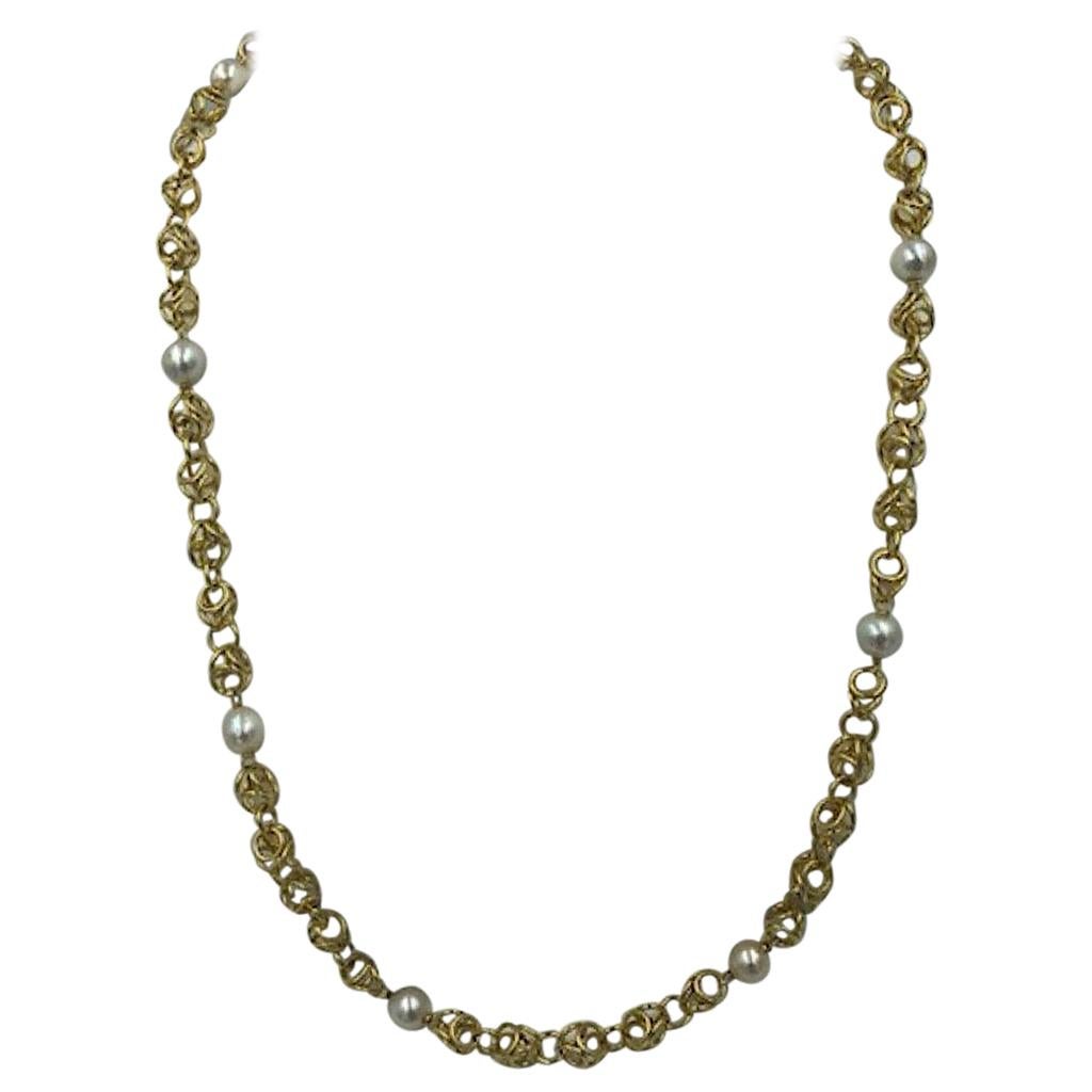 Buccellati Open Circle Ball Link and Pearl Necklace Solid 18 Karat Yellow Gold