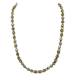 Buccellati Open Circle Ball Link and Pearl Necklace Solid 18 Karat Yellow Gold