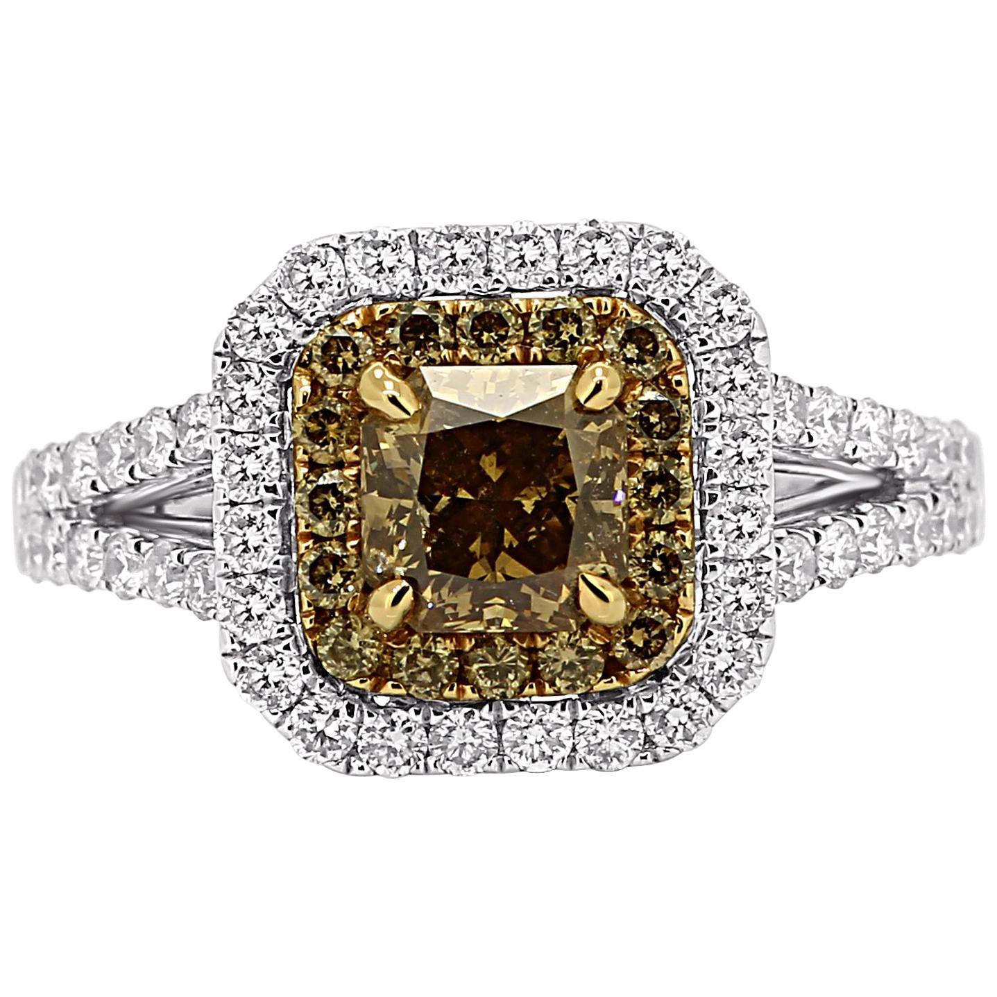 Natural Champagne Radiant Diamond Double Halo Two-Color Gold Bridal Fashion Ring