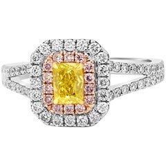 Natural Fancy Vivid Yellow Double Halo Three-Color Gold Bridal Engagement Ring