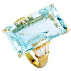 Tapered Baguette Diamonds and Rectangle Aquamarine Large Yellow Gold Ring