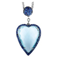 Diamond, Aquamarine and Sapphire Pave Heart Pendant Petite White Gold Necklace