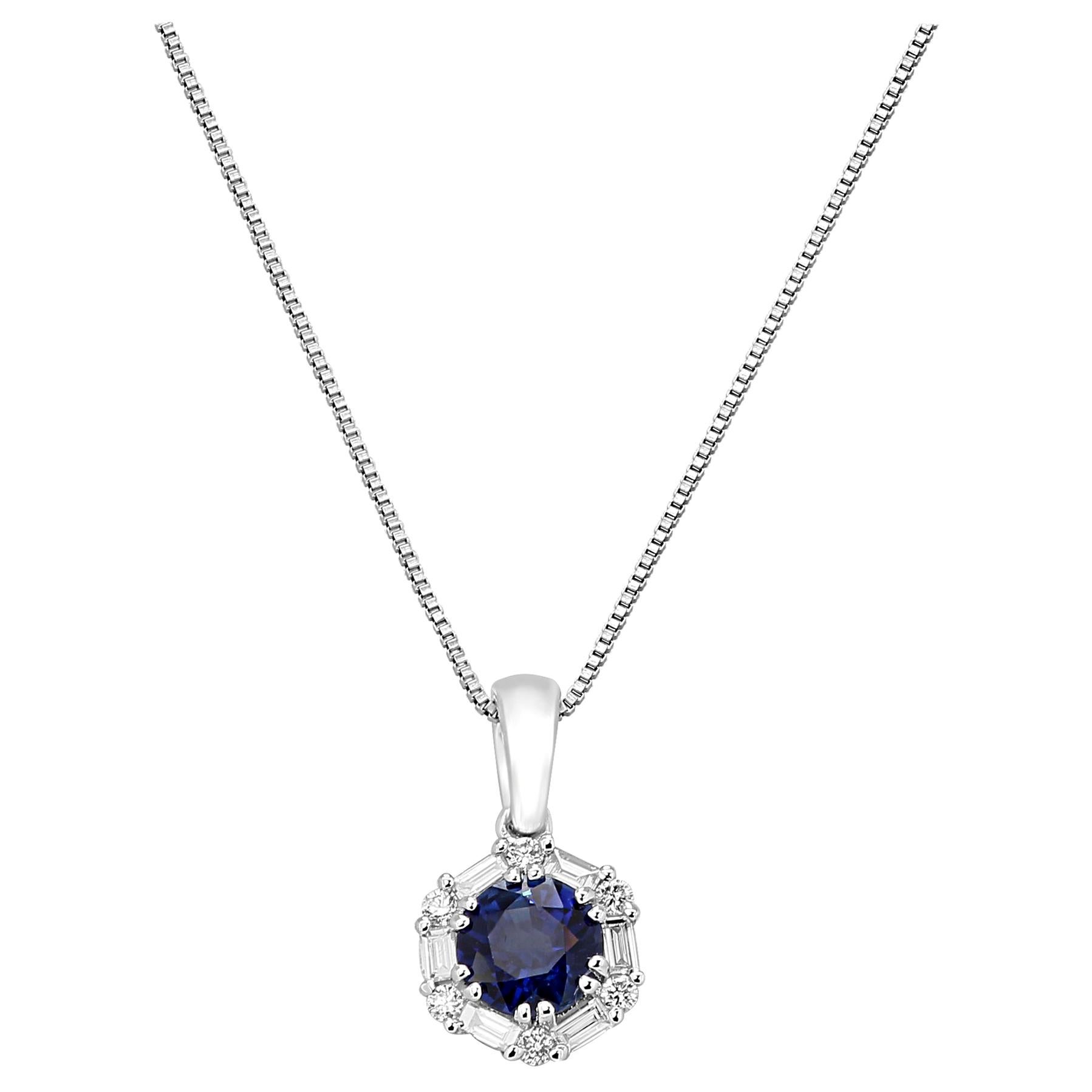 Blue Sapphire Diamond Halo Gold Drop Pendant Chain Necklace