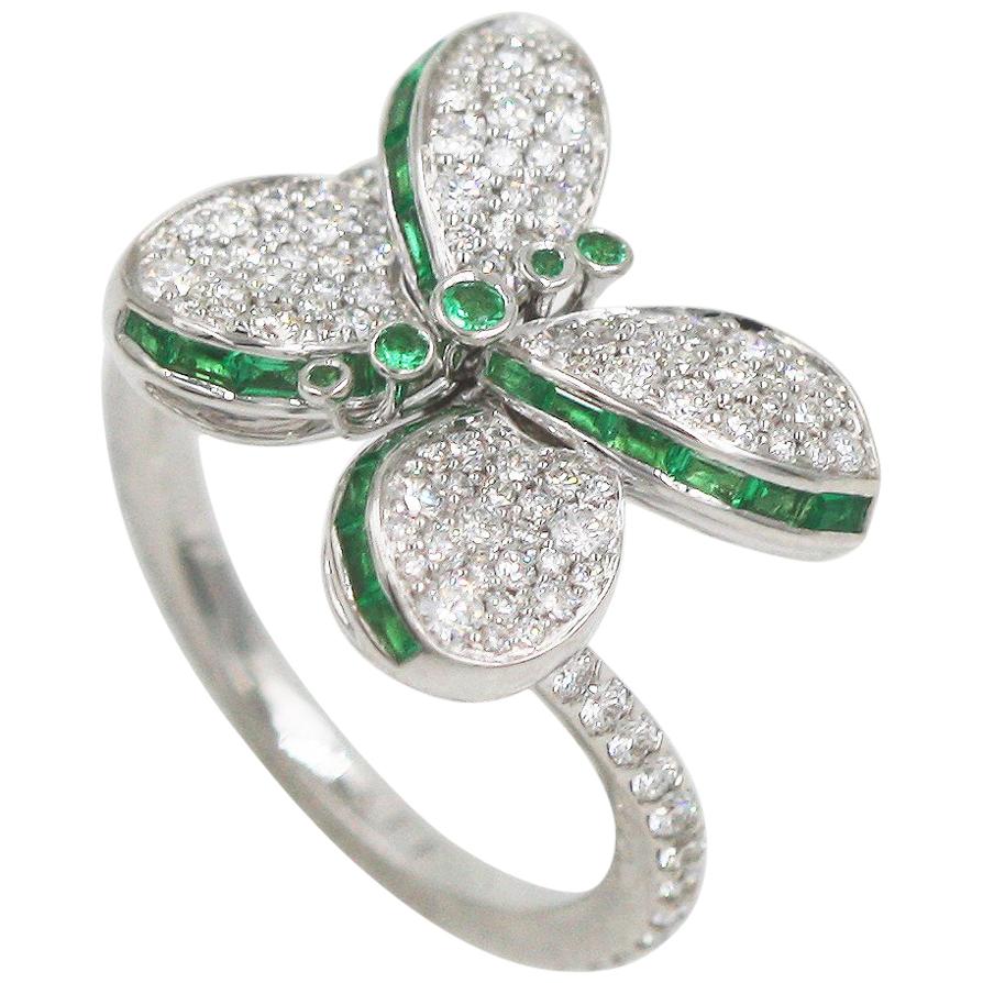 Graff Baby Prince Butterfly with Diamond and Emeralds and Round Emerald Ring For Sale