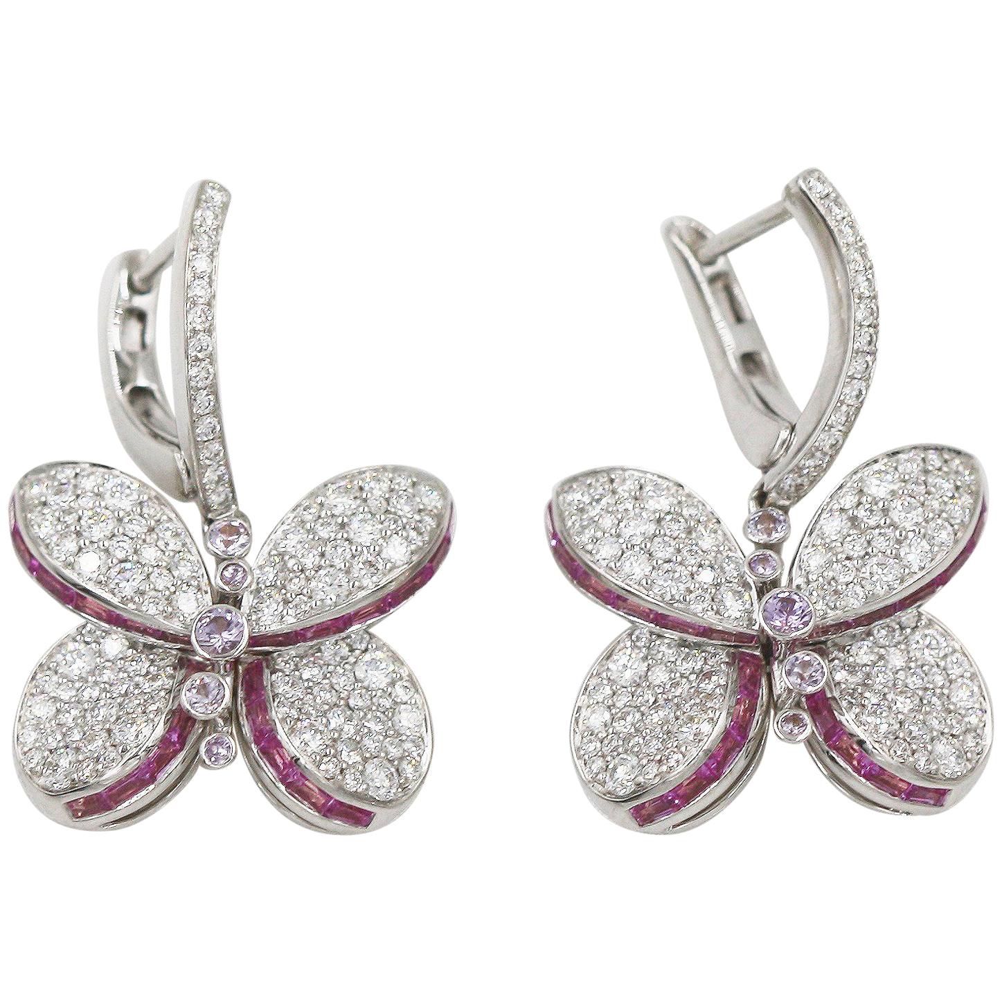 Graff White Gold Princess Butterfly w/Diamonds &  Pink & Purple Sapphire Earring For Sale