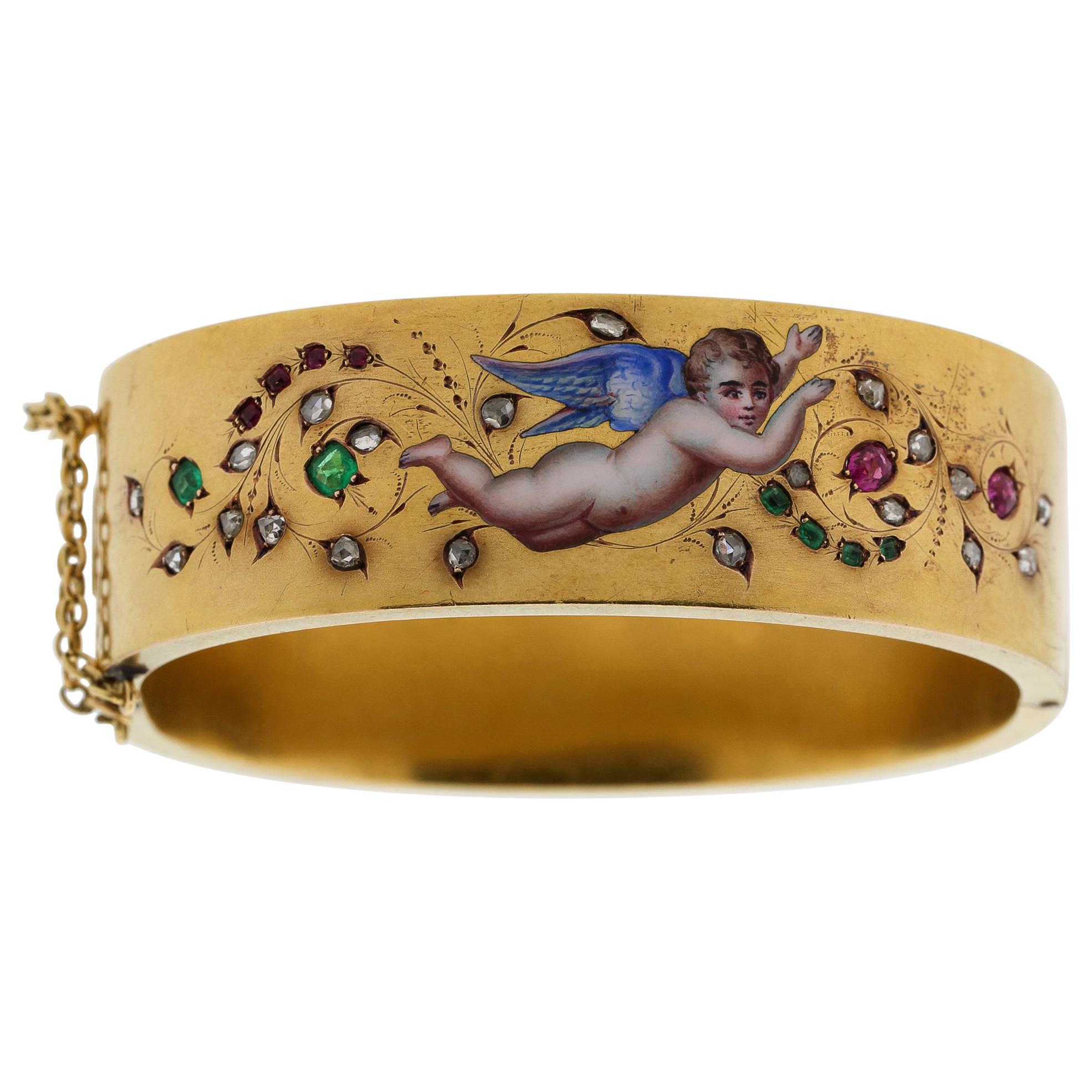 Antique French Late Victorian 18k Gold Enamel Ruby Diamond Cherub Cuff Bracelet