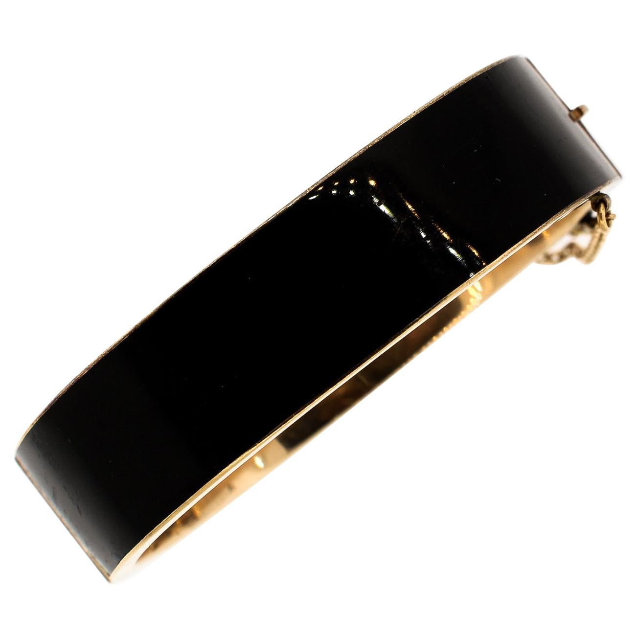 Antique Late Victorian 14 Karat Gold Black Enamel Cuff Bracelet