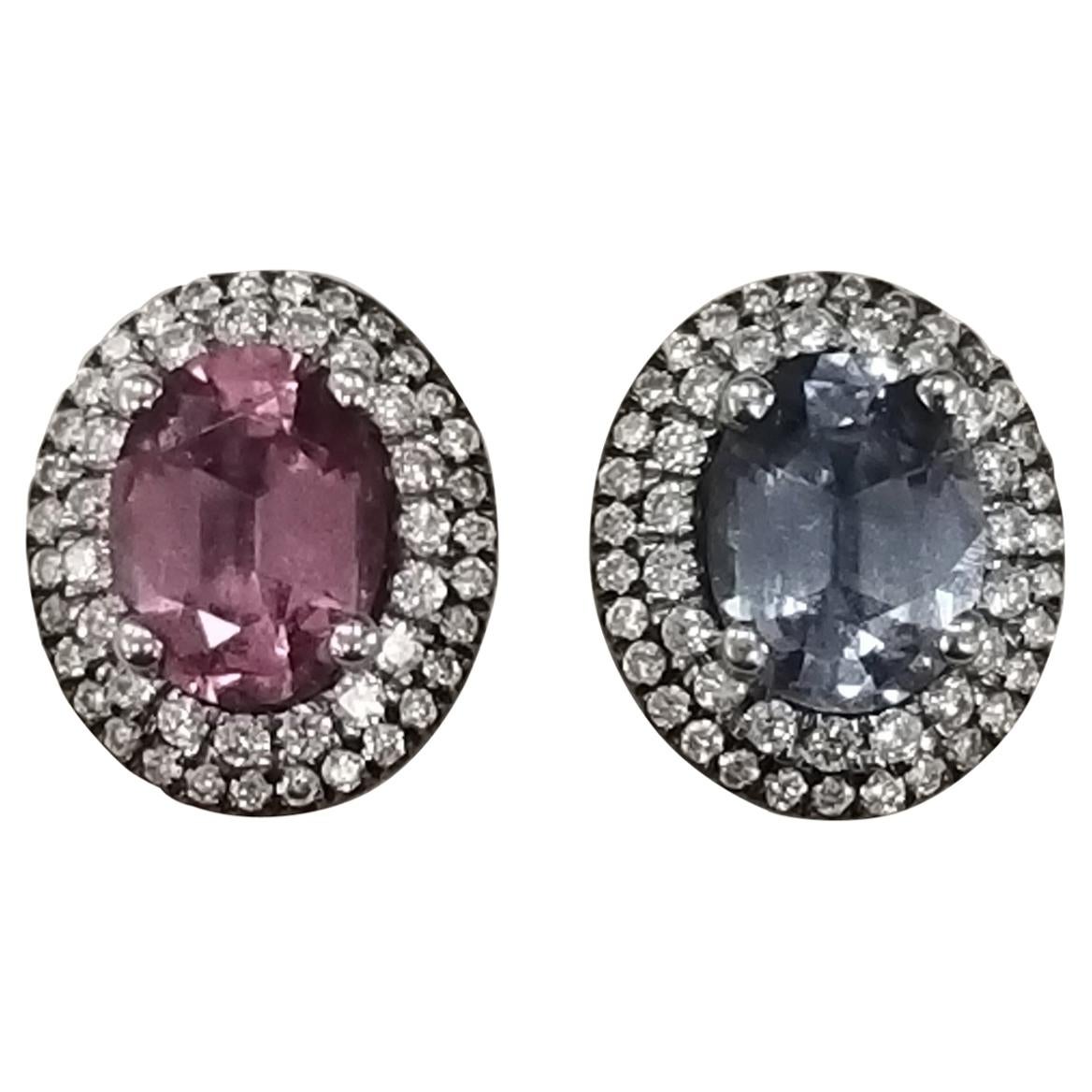 2 Oval Pink and Blue Spinel Diamond Earrings Set in 14 Karat White Gold