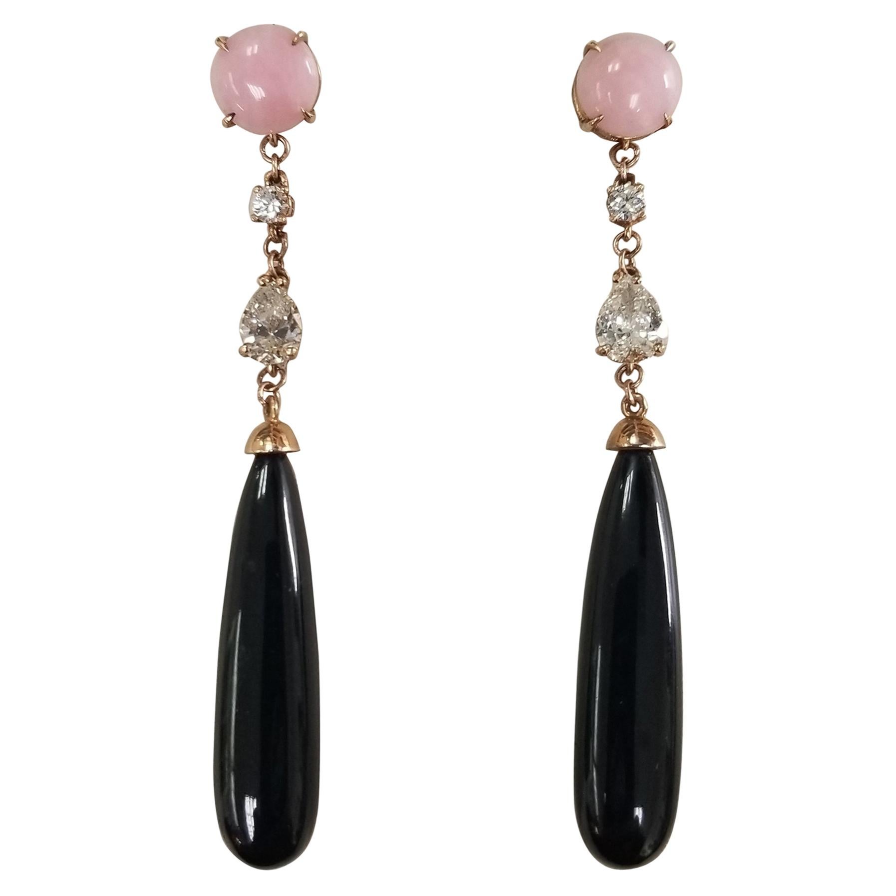 14 Karat Rose Gold Deco Inspired Pink Opal, Diamond and Black Jade Earrings For Sale