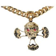 14 Karat Gold Skull Pendant with Black Diamonds and Rubies