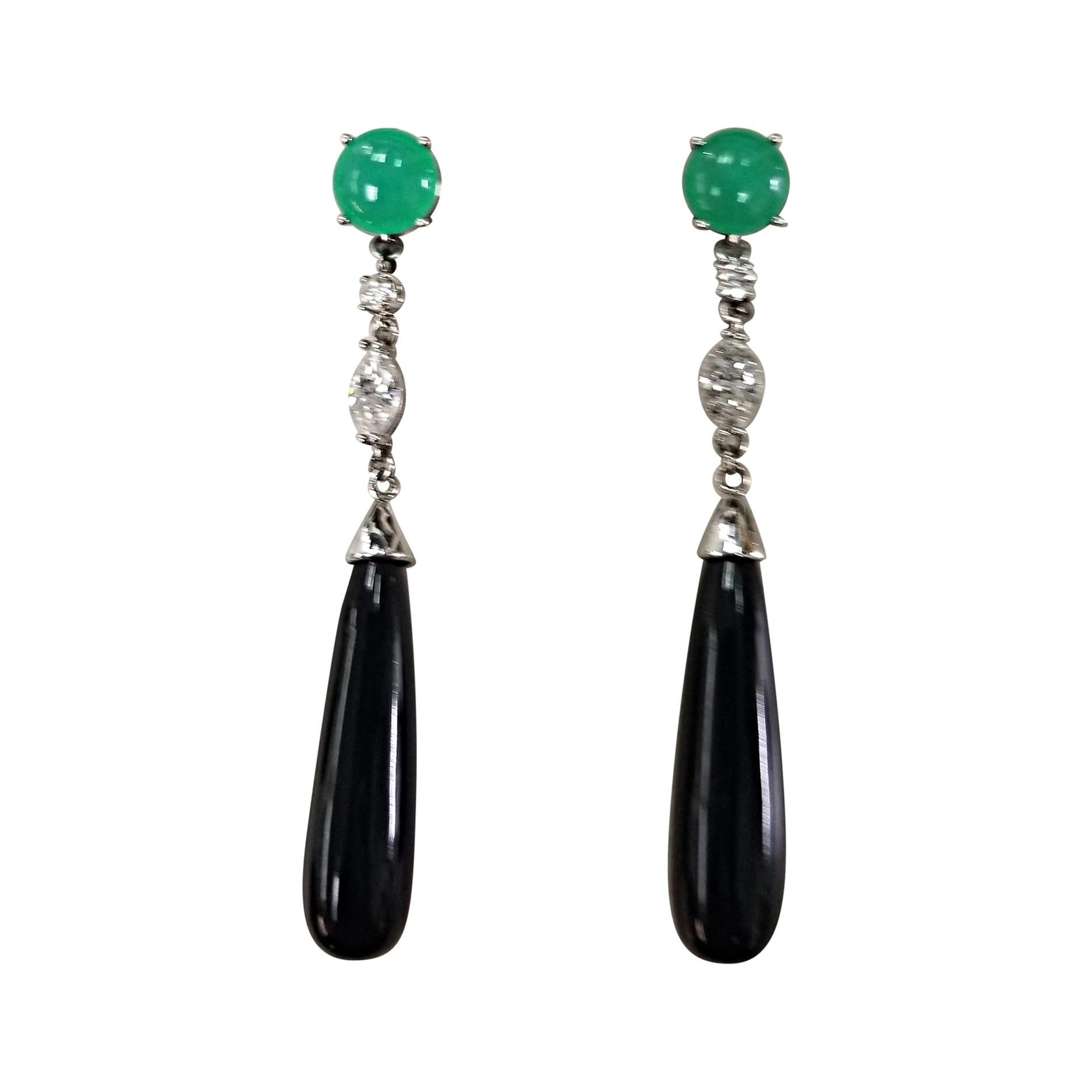 These Deco Inspired Chrysoprase, Diamond and Black Jade Long Dangle Earrings For Sale