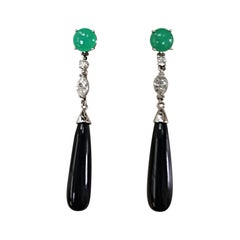 These Deco Inspired Chrysoprase, Diamond and Black Jade Long Dangle Earrings
