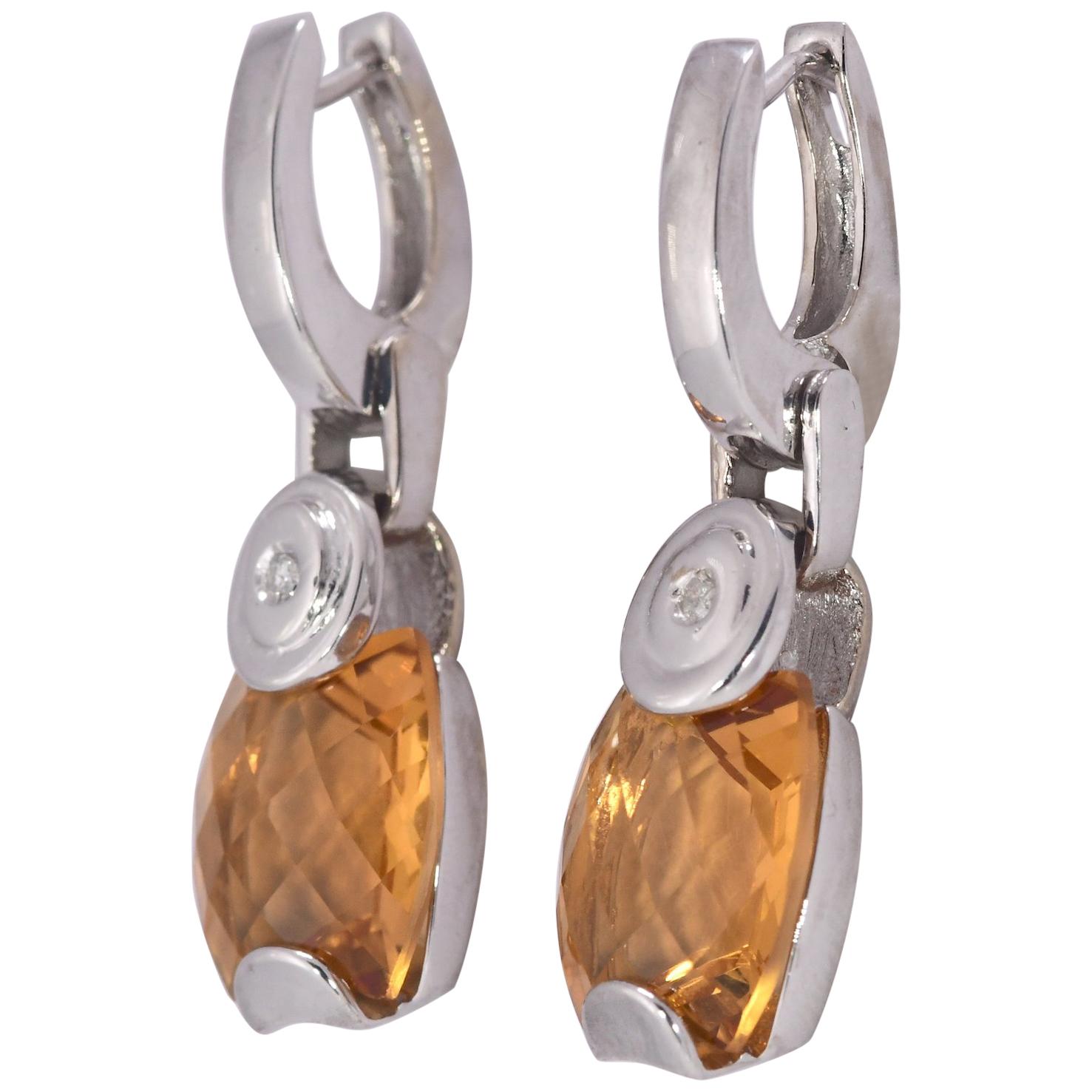 9 TCW Natural Madeira Citrine & Diamond White Gold 18K Dangle Earrings 12 grams
