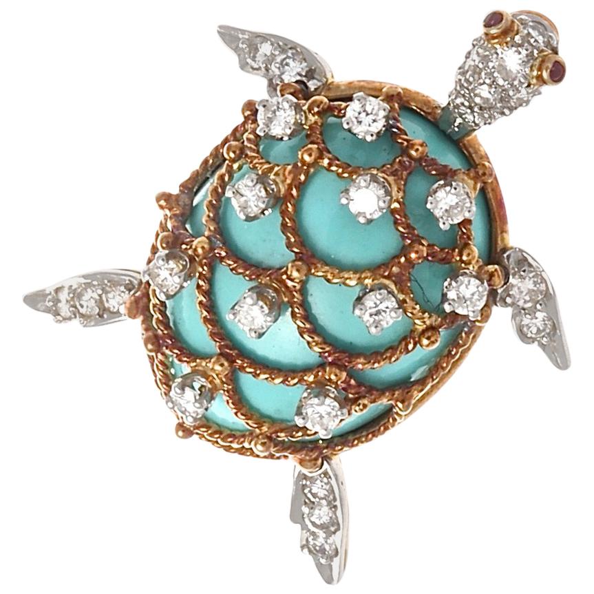 Hammerman Brothers Turquoise Diamond Gold Brooch